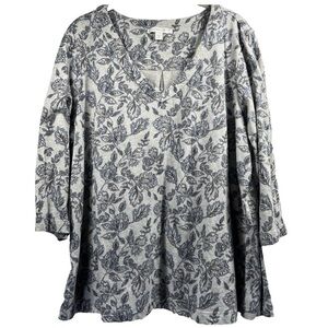 🌿 Pure Jill Gray/Blue Floral V-Neck Top 3/4 Sleeves 100% Organic Cotton Sz XL 🌿
